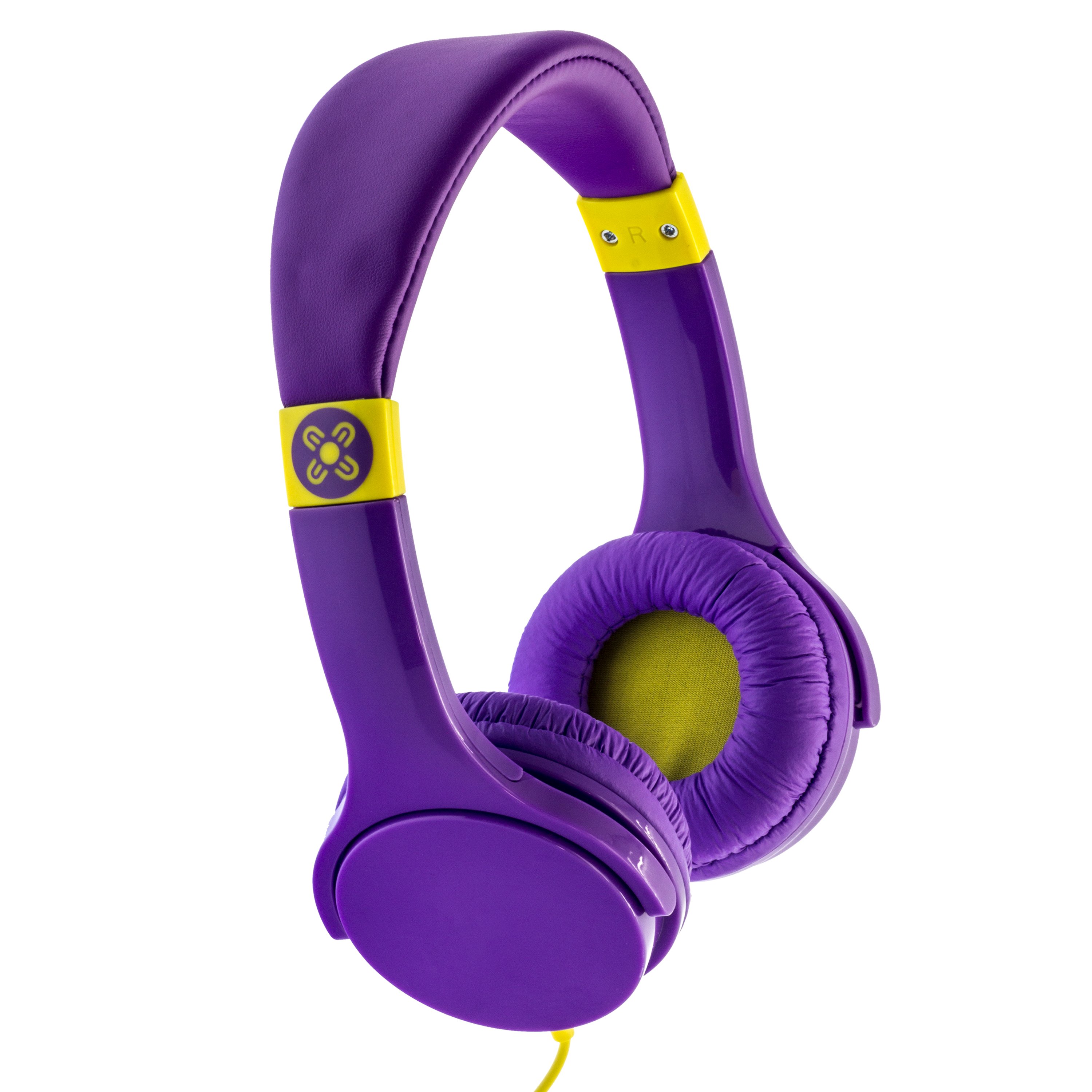 MOKI Lil' Kids Headphones in purple with soft padded ear cups and adjustable headband, designed for comfort and safety.